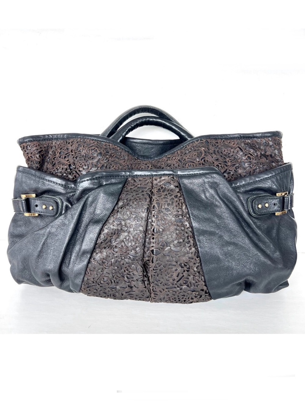 CC SKYE USA Black w Brown Cutout Laser Cut Leather Oversized Shoulder Bag Tote